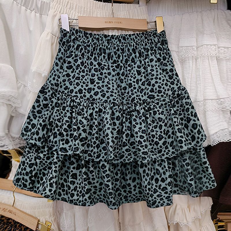 Leopard print short skirt elastic new 2025 spring and summer skirt small high waist pleated skirt short puffy cake