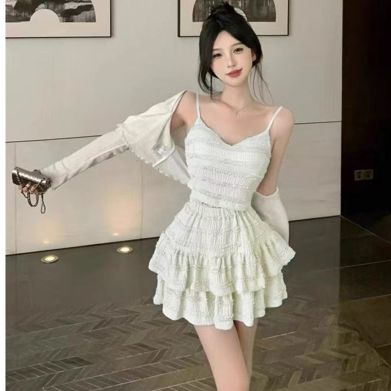 Spice girl two-piece suit skirt women's summer 2025 new short suspender lace top high waist cake skirt