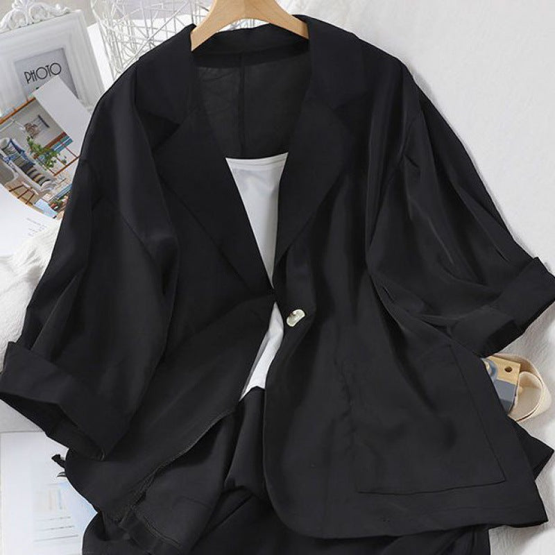 Suit Women's Fashion Summer Loose Suit Collar Seven-point Sleeve Jacket Nine-point Wide Leg Pants Suspender Three-piece Set