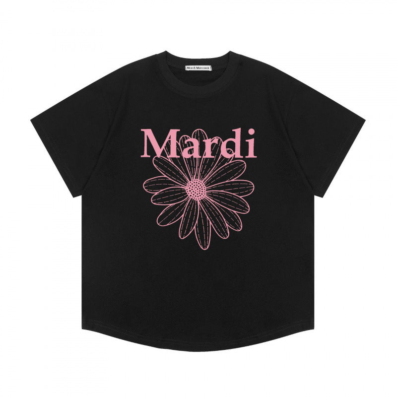 Korean trendy brand short-sleeved small daisy dachshund dog print summer round neck pure cotton gold high silver same loose T-shirt women