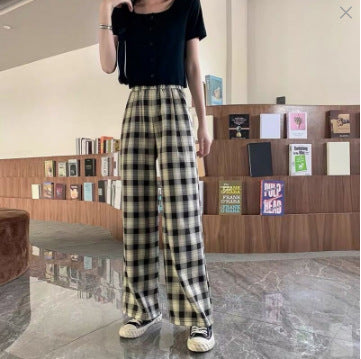 Thin plaid pants women's spring draped straight pants pink loose small pajama pants high waist plaid wide leg pants