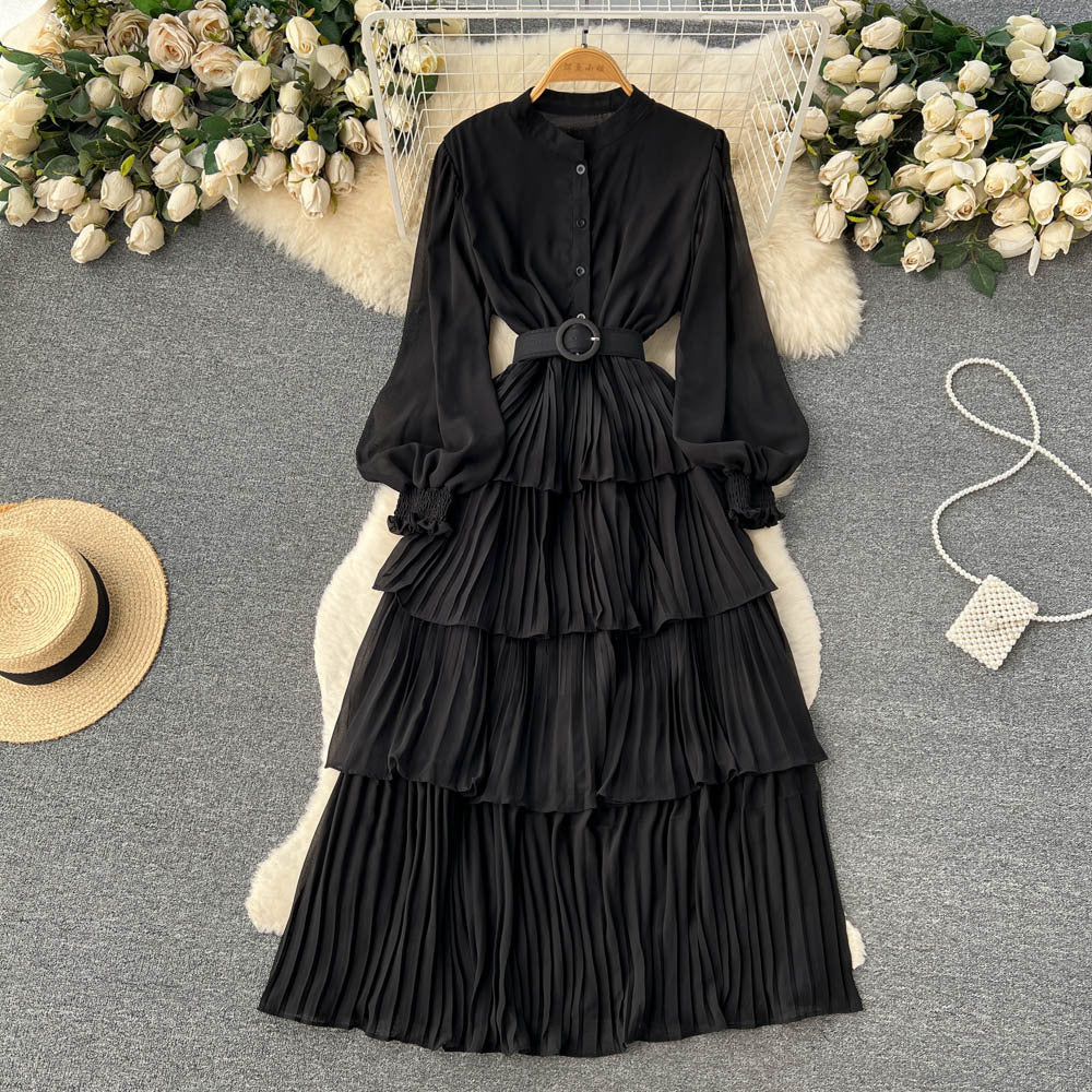 2025 spring and summer new big pendulum long-sleeved chiffon dress women's waist temperament Platycodon coffee break cake long skirt tide