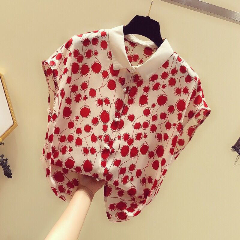2025 new summer French polka dot chiffon shirt T-shirt women's design sense niche fat sister short-sleeved top