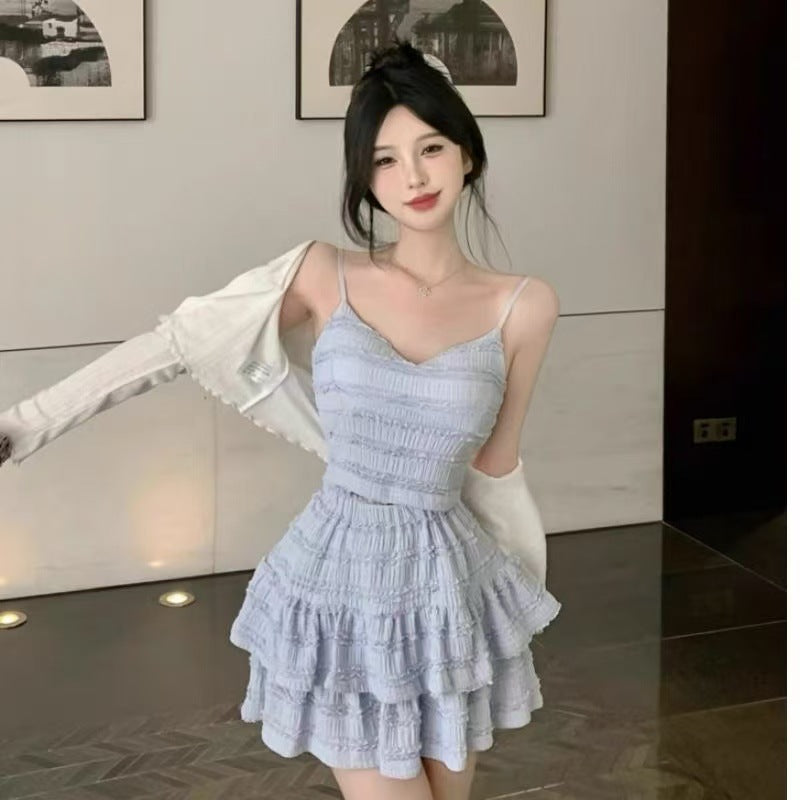 Spice girl two-piece suit skirt women's summer 2025 new short suspender lace top high waist cake skirt