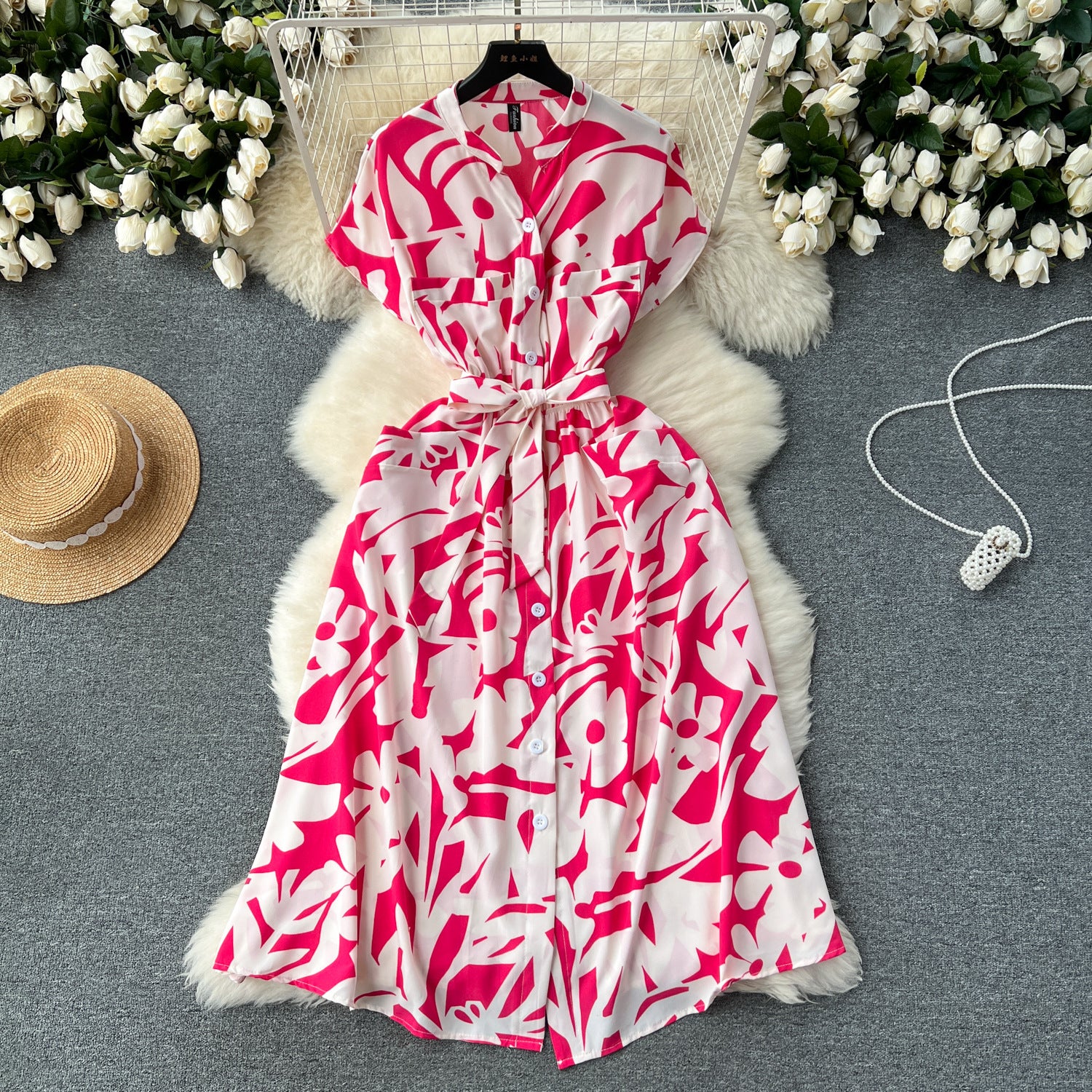 European and American style holiday dress women's 2025 new design sense printing strap waist thin medium and long knee skirt