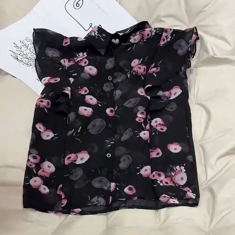 Vintage high-end foreign floral chiffon shirt small fashionable fresh Polo collar ruffled edge flying sleeve top