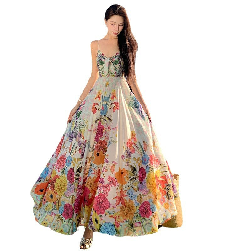 Women's summer beach long skirt colorful floral suspenders high waist holiday dress