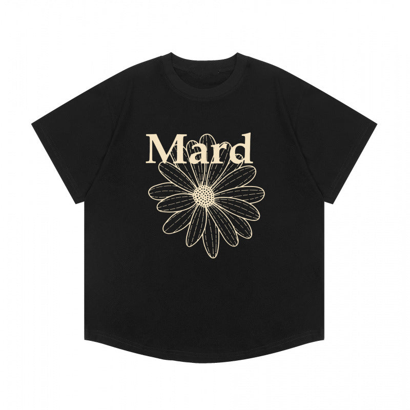 Korean trendy brand short-sleeved small daisy dachshund dog print summer round neck pure cotton gold high silver same loose T-shirt women