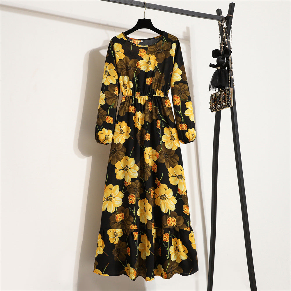 2025 spring new European and American floral long dress round neck long sleeve waist thin A-shaped dress