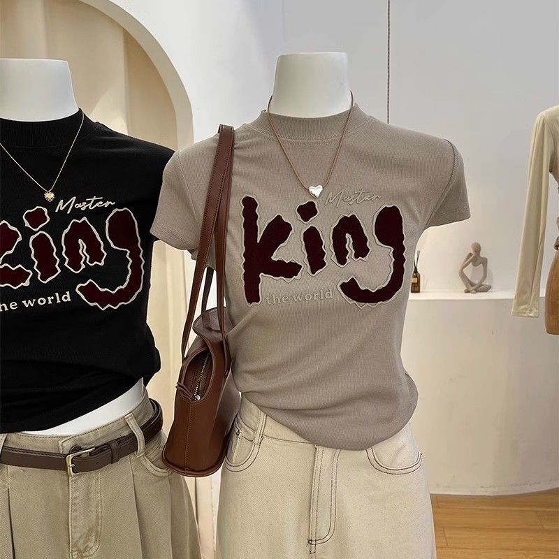 Pure cotton shoulder T-shirt women's stand-up collar slim-fitting short American retro pure desire short-sleeved new bottoming top