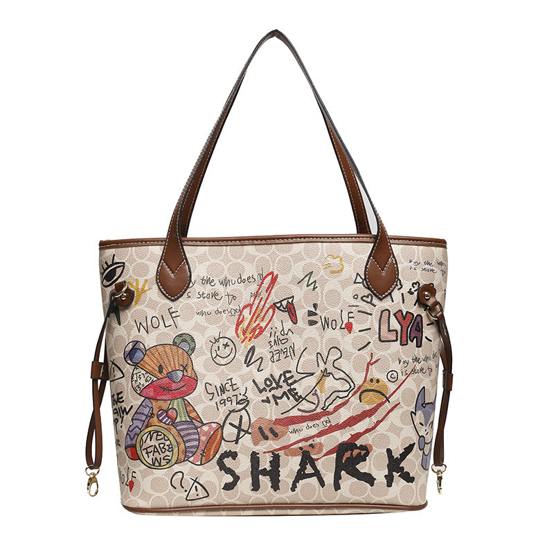 Printed bag women's bear graffiti tote bag 2025 new handbag versatile large capacity shoulder bag tide