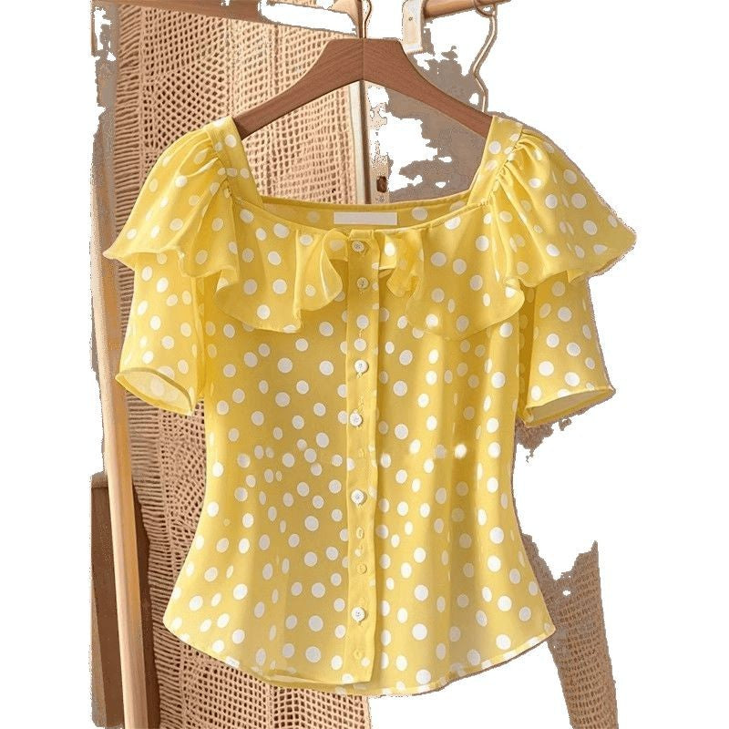French unique top dopamine foreign yellow polka dot ruffle leaf edge short-sleeved shirt popular this year