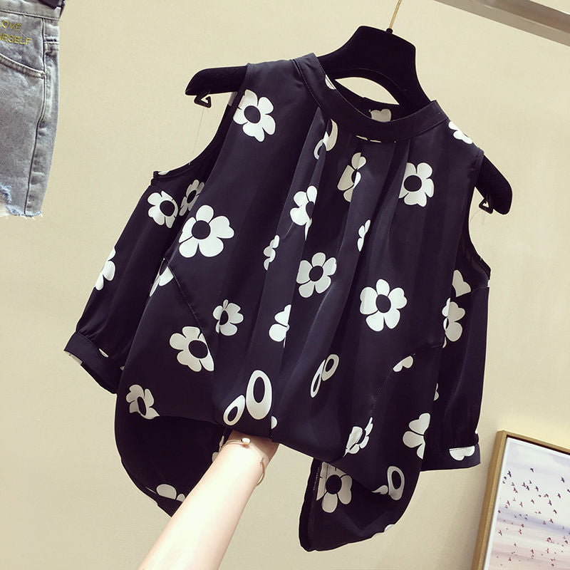 Large size women's clothing summer fat sister loose versatile off-the-shoulder short-sleeved chiffon shirt foreign style thin belly top