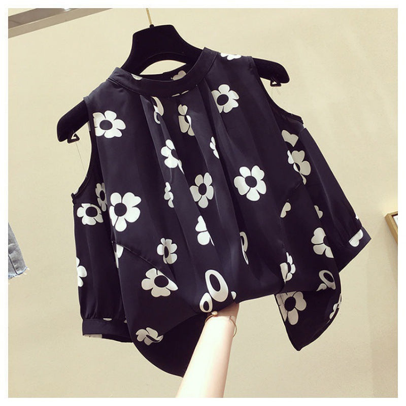 Large size women's clothing summer fat sister loose versatile off-the-shoulder short-sleeved chiffon shirt foreign style thin belly top