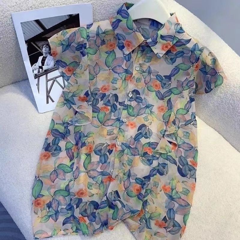 Retro high-end foreign floral chiffon shirt small fashionable fresh collar ruffled edge flying sleeve top