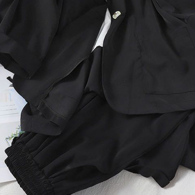 Suit Women's Fashion Summer Loose Suit Collar Seven-point Sleeve Jacket Nine-point Wide Leg Pants Suspender Three-piece Set