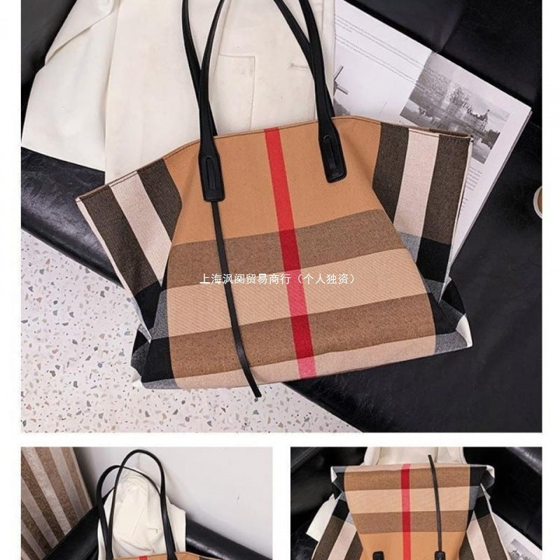 Large capacity bag women's 2025 plaid PU tote bag foreign style shoulder handbag women's college style fashion trend