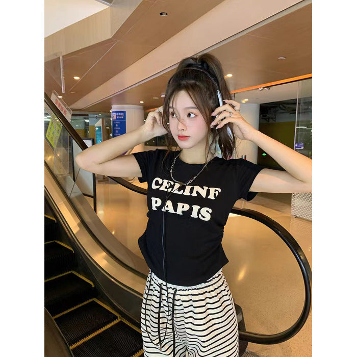 Ice silk threaded, foam letter short-sleeved T-shirt women's summer slim-fit short pleated top