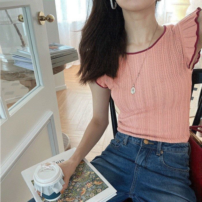 Vintage Xiaofei Sleeve Top Vest Women's 2025 Summer Thin Slim Fit Niche Chic ins Short Sleeve Knitted Vest