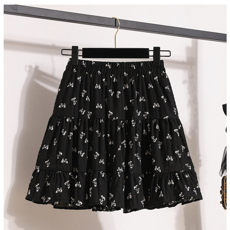 Printed bow skirt 2025 summer small skirt age reduction cute and thin cake black skirt