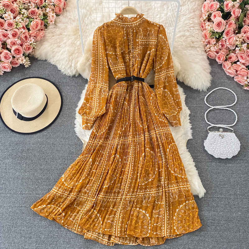 Seaside vacation stand-up collar pleated dress spring and autumn new foreign style lantern sleeves waist and thin printed big swing dress