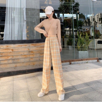 Thin plaid pants women's spring draped straight pants pink loose small pajama pants high waist plaid wide leg pants