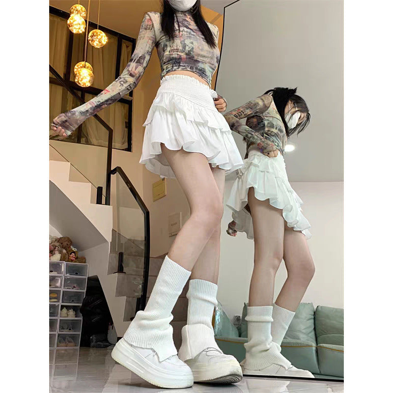 Ballet girl style elastic cake skirt foreign style double-layer small skirt pants white high-waisted thin fairy culottes
