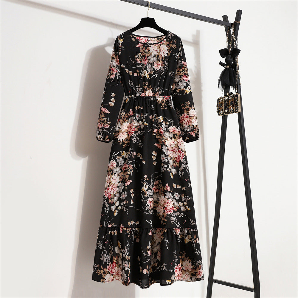 2025 spring new European and American floral long dress round neck long sleeve waist thin A-shaped dress