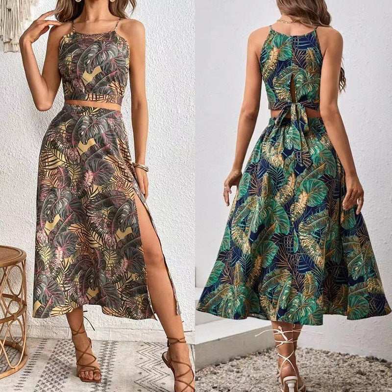 Amazon Tropical Print Camisole Top Sexy Slit Skirt Set