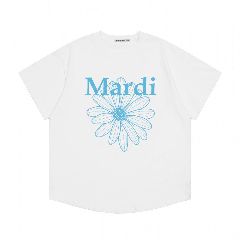 Korean trendy brand short-sleeved small daisy dachshund dog print summer round neck pure cotton gold high silver same loose T-shirt women