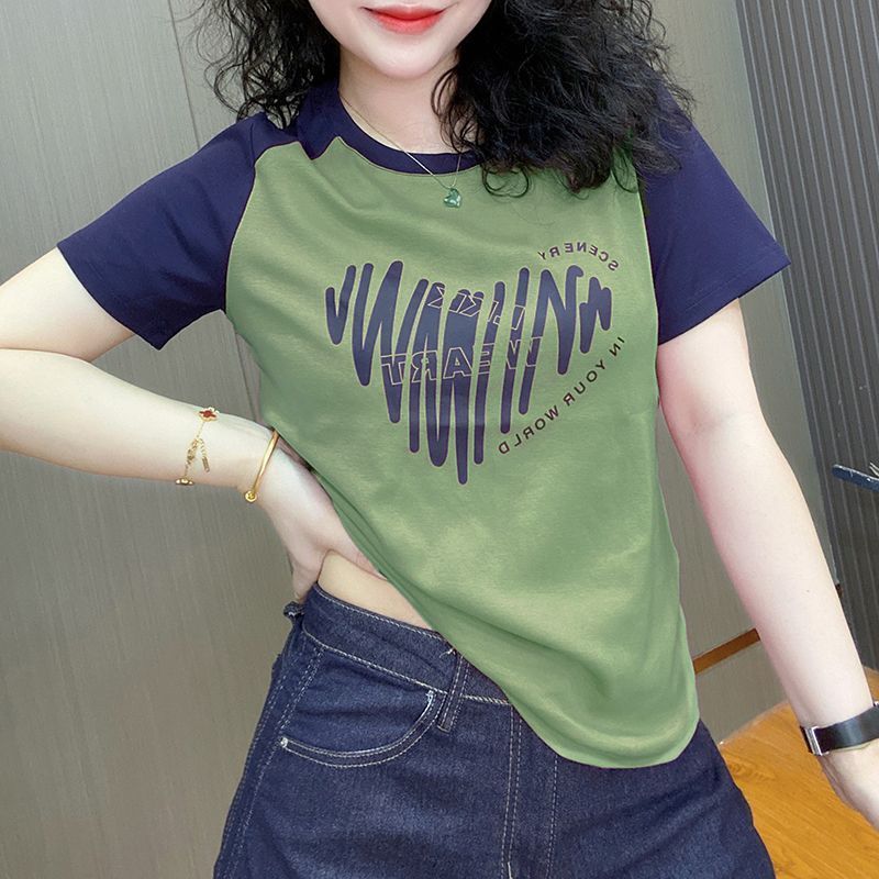 2025 new summer cotton round neck short-sleeved shoulder sleeve T-shirt women's print contrasting colors versatile and thin loose top