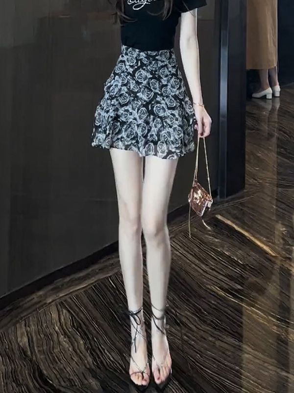 Foreign style high waist and thin ruffle edge floral skirt women's summer new retro French temperament versatile skirt