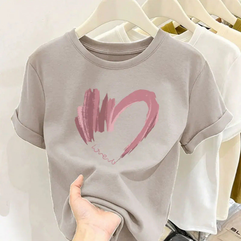 Cotton design round neck printed short-sleeved shirt for women summer slim fit all-match tops