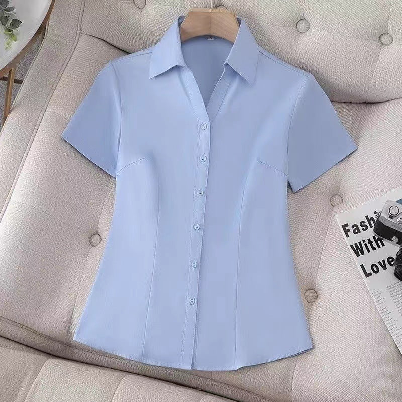 High elasticity professional women's summer new short-sleeved black shirt hotel beauty salon formal tooling work clothes shirt