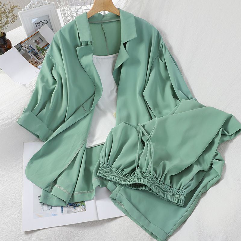Suit Women's Fashion Summer Loose Suit Collar Seven-point Sleeve Jacket Nine-point Wide Leg Pants Suspender Three-piece Set