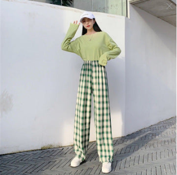 Thin plaid pants women's spring draped straight pants pink loose small pajama pants high waist plaid wide leg pants