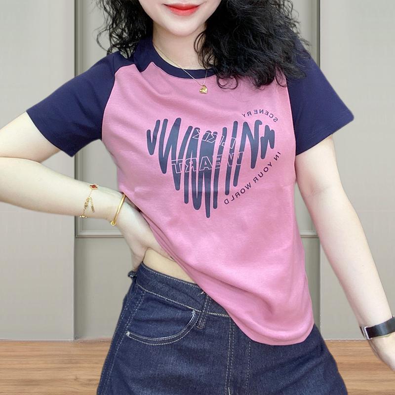 2025 summer new cotton round neck short-sleeved shoulder sleeve T-shirt women's contrasting colors versatile and thin loose large size top