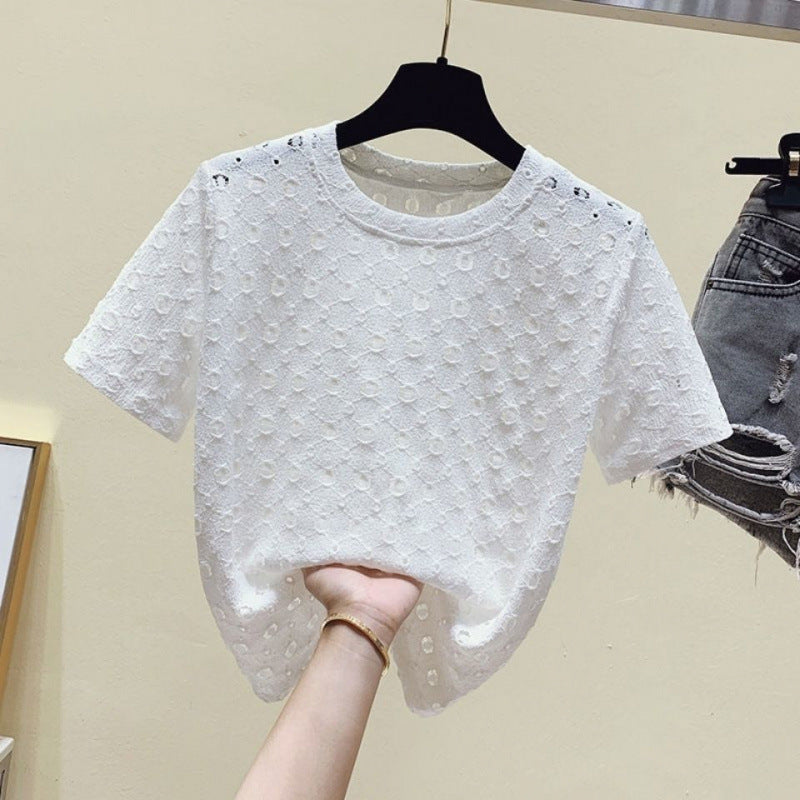 Summer 2025 New Lace Hollow Foreign Style Fashion Women's T-Shirt Short Sleeve Crew Neck