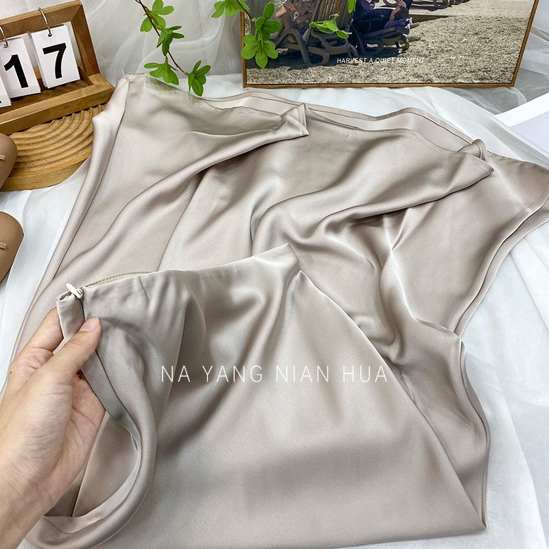 French retro acetic acid satin skirt women's summer high waist hip-wrapped fishtail long skirt high sense thin big swing skirt