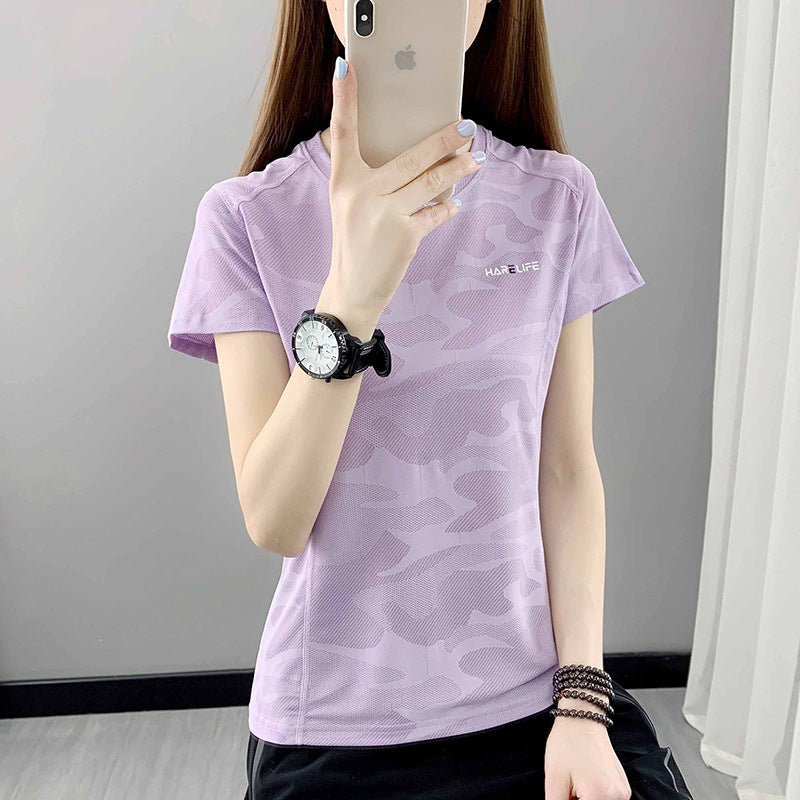 Outdoor quick-drying t-shirt women's sports running fitness loose round neck camouflage thin micro-elastic summer short-sleeved quick-drying clothes