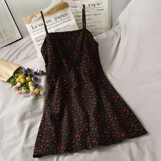 Summer retro printing short halter dress women's new versatile high waist thin floral suspender skirt