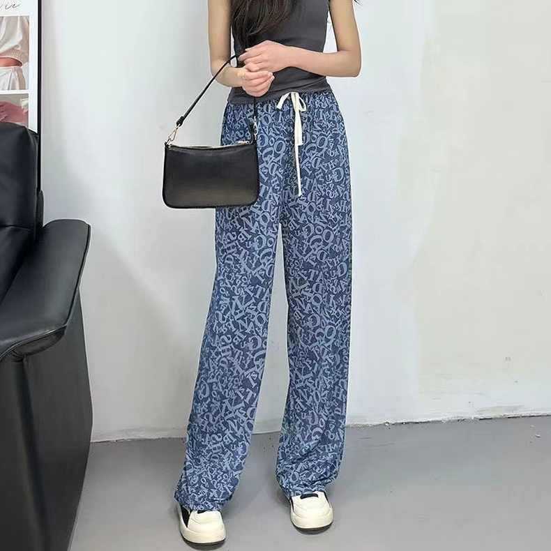 2025 Summer Women's Ice Silk Denim Wide-Leg Pants - High-Waisted, Draped, Mosquito-Proof, Breathable & Slimming Casual Trousers