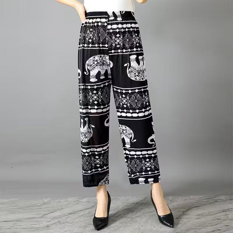 Summer wholesale women's middle-aged and elderly casual loose elastic ice silk pants breathable and fattened mother nine-point pants