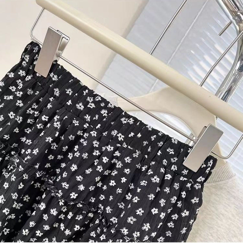 Black floral cake skirt spring and summer small 2025 high waist and thin anti-light puffy skirt