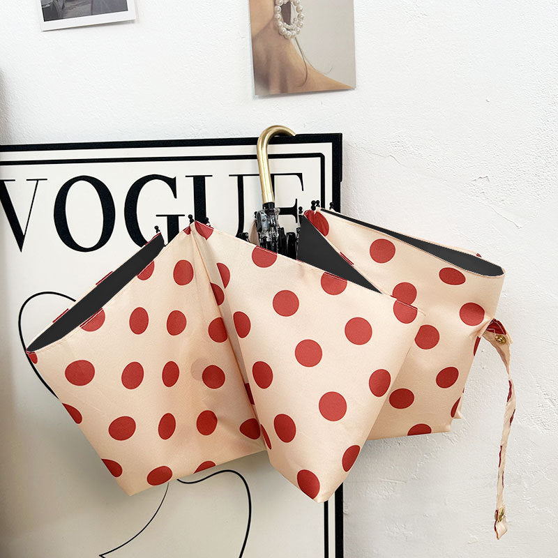 Round polka dot curved hook handle burgundy weather and rain parasol sun protection UV protection new folding sun umbrella vinyl