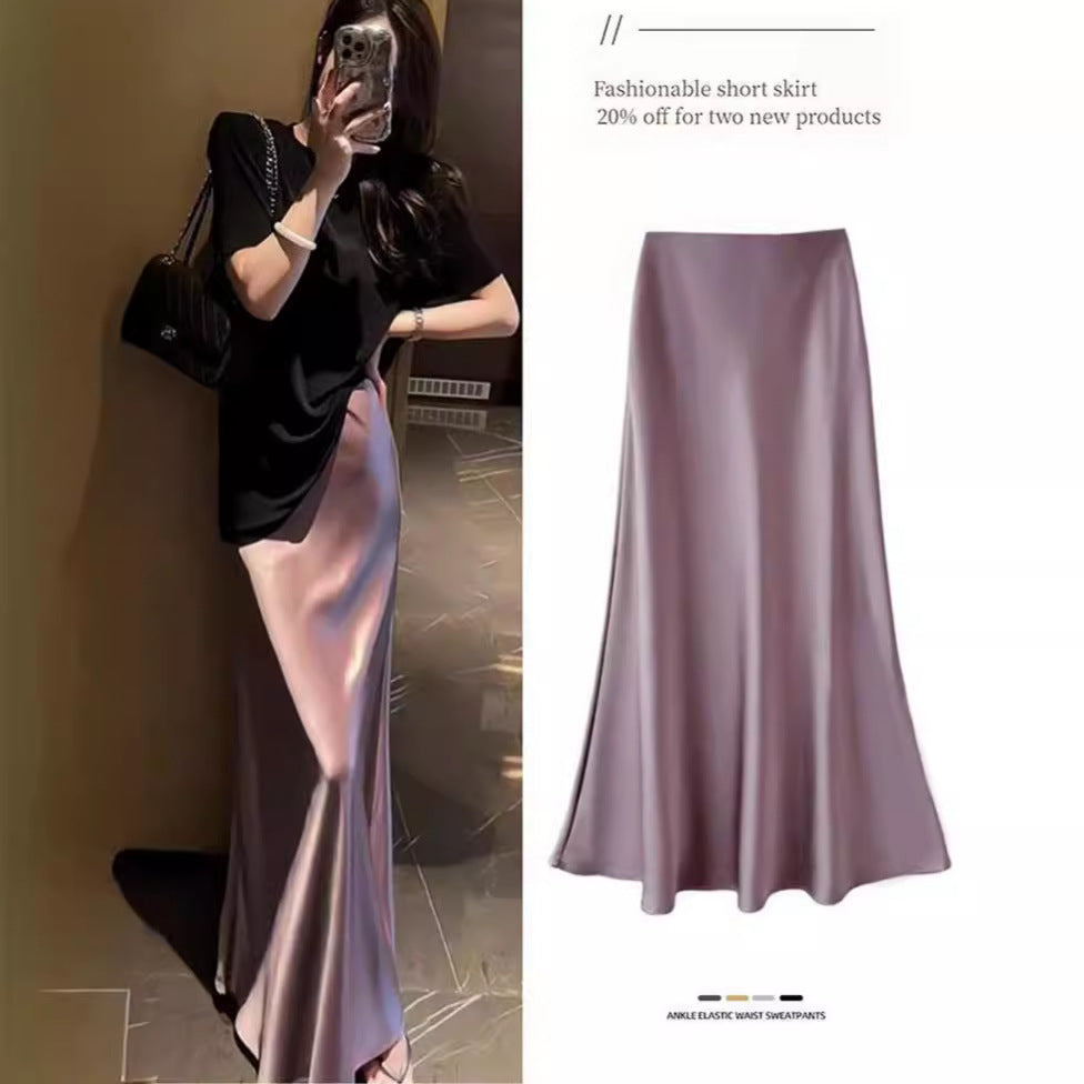 French retro acetic acid satin skirt women's summer high waist hip-wrapped fishtail long skirt high sense thin big swing skirt