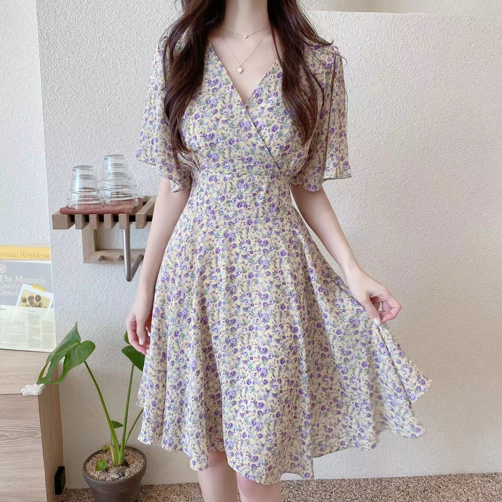 Floral dress women's summer 2025 new waist short-sleeved super fairy thin French first love lisianthus skirt