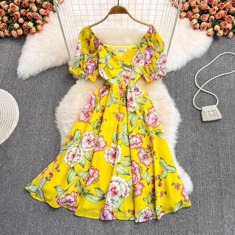 Summer new gentle wind long waist V-neck floral chiffon dress super fairy Mori first love lisianthus skirt