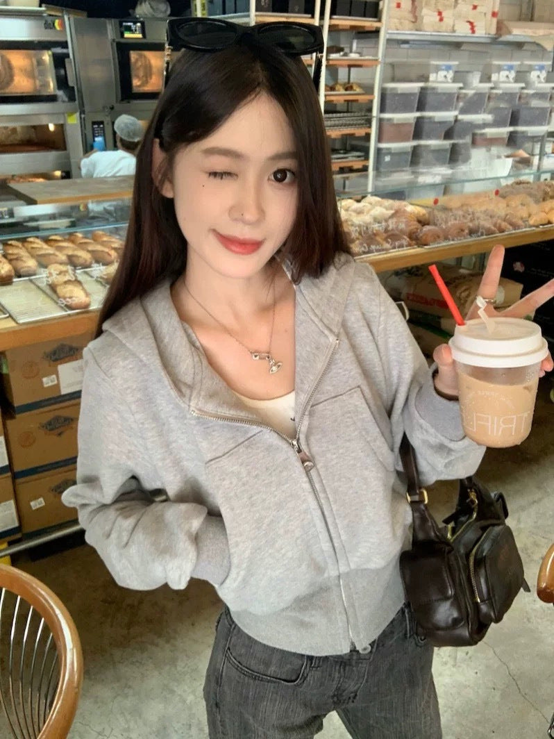 Grey hooded sweater jacket women's early spring 2025 new zipper cardigan short top