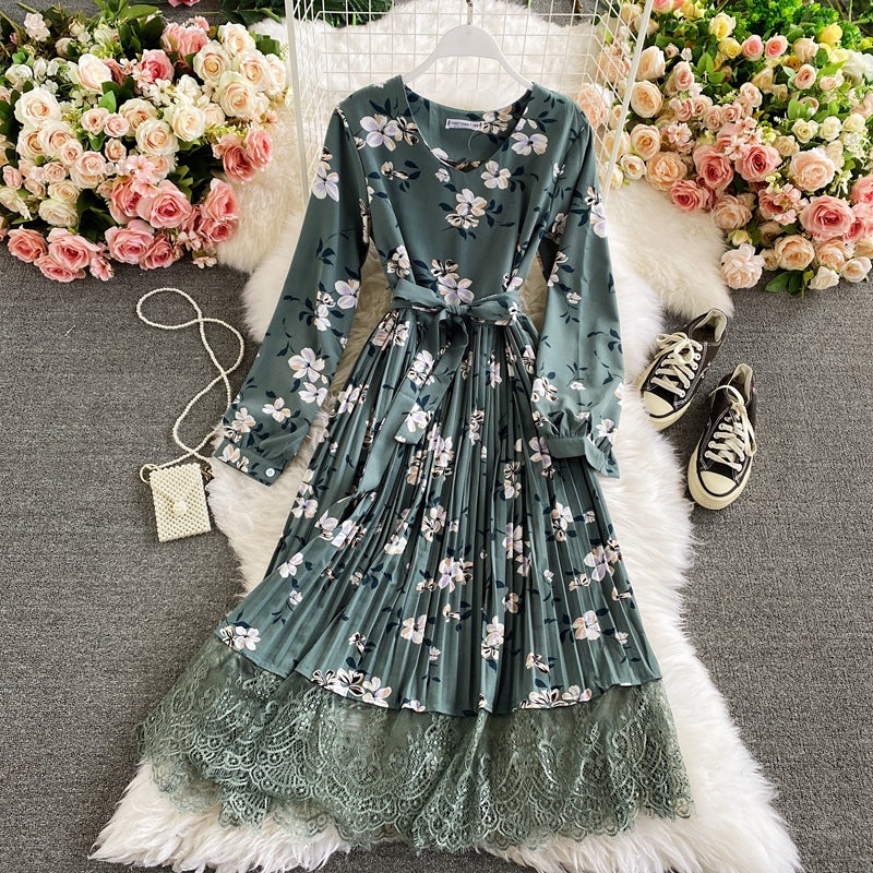 Retro floral V-neck waist thin lace splicing pleated dress color fashion temperament big pendulum long skirt